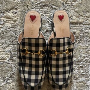 Gucci Black & White Gingham Horsebit Leather Mules with Red Heart Insole